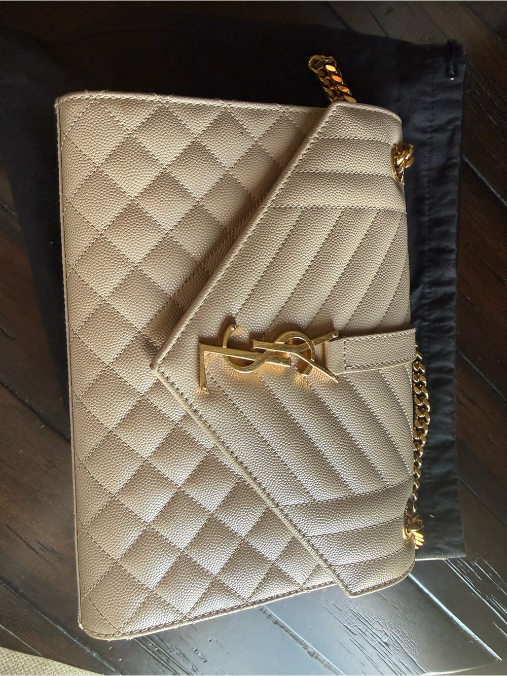 Saint Laurent Beige Quilted YSL Chain Crossbody